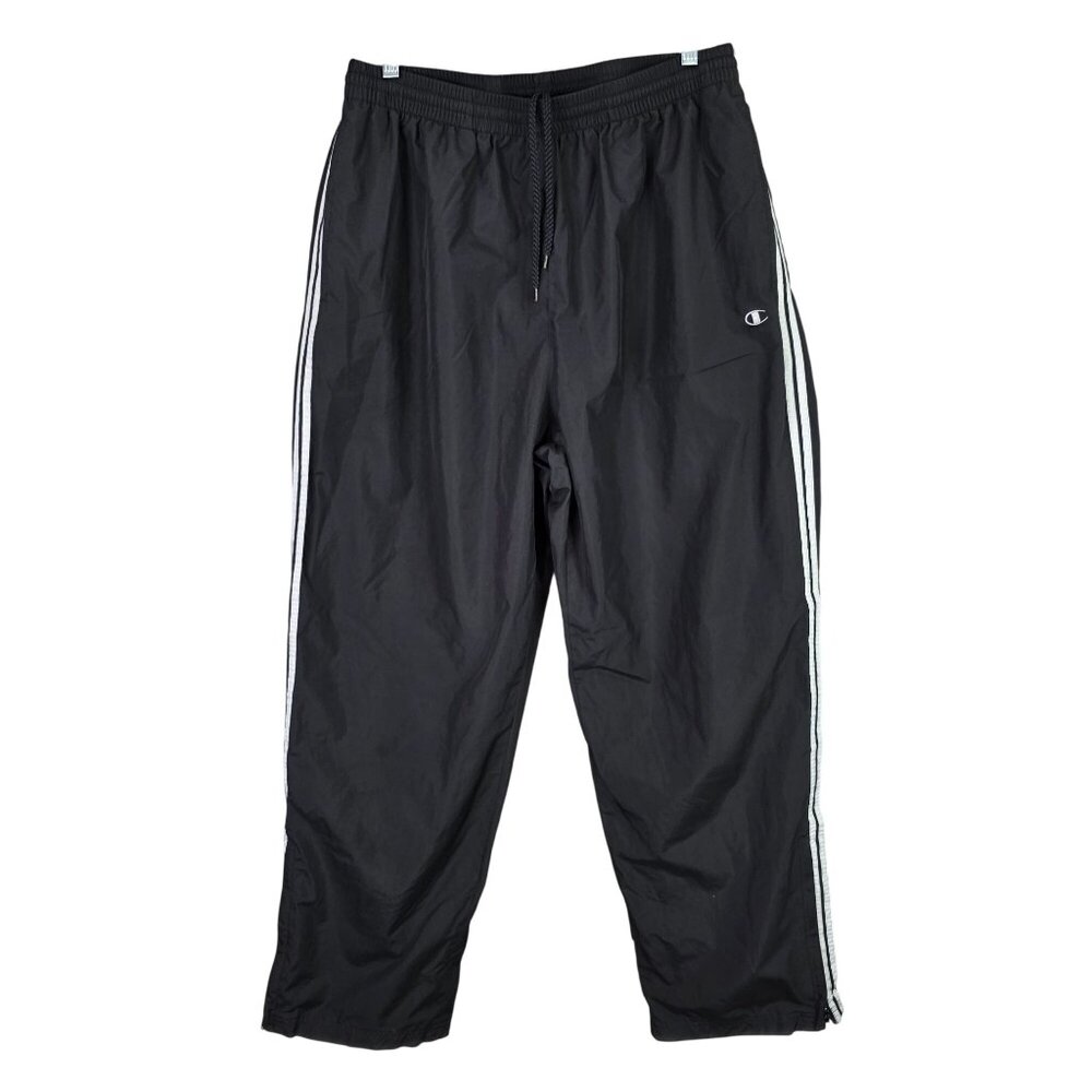 Mens Champion Black Track Pants Elastic Waist & Side Stripes Polyester Size XL